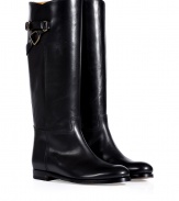 Give your look a flawless equestrian edge with Ralph Lauren Collections burnished black calfskin boots - Rounded toe, buckled top strap, wheeled welt, short stacked leather heel - Knee height - Ideal for wearing with knit dresses, tights and mini-skirts, or ultra skinny jeans