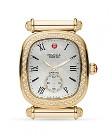 Be fashionably on time. With a mother-of-pearl dial and diamond-dusted bezel, Michele's caber chronograph is a glamorous take on a classic style.