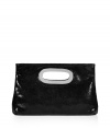 Bring a high style kick to your cocktail look with this easy-to-style lizard embossed leather clutch from MICHAEL Michael Kors - Rectangular shape, cut-out handle with silver-toned metal trim, glossy black lizard embossed leather - Style with a fitted sheath dress, a leather jacket, and platform pumps