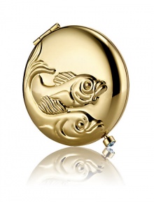 February 20 - March 20. Deeply romantic and poetic, you have an inventive, artistic and intuitive mind. Enjoy these golden fish, decorated with a brilliant birthstone clasp made of pale blue crystal. Filled and refillable with Lucidity Translucent Pressed Powder (small size refill). Beautifully boxed, with a velvety pouch.