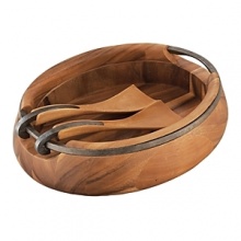 This acacia wood Anvil Salad Bowl is the perfect counterpoint to bright greens and veggies. A pair of matching, softly fluted servers curve genteelly around the bowl's rim to form a fitting resting place.