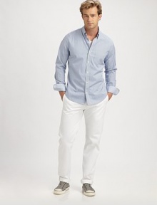 Ticking stripes give this cool cotton shirt a relaxed look, just made for weekends and travel.Button-down collarButton frontChest pocketLong sleeves with button cuffsShirttail hemCottonMachine washImported