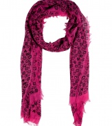 With an allover graffiti-like logo print and bright pink coloring, Marc by Marc Jacobs fringed scarf lends a covetable girlie edge to any outfit - Allover black logo print, frayed edges, solid border - Wrap around leather jackets or wear indoors over dark knit cashmere