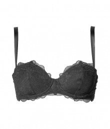 Black lace bra in synthetic fiber blend - with cups - slightly padded with push-up effect - small cups which work great with small sizes, too - detachable straps, skidfree silicon rubber line - classic and beautifully delicate - perfect for low necklines which reveal some of the lace - wear best with matching hipster