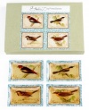 Naturalist prints tell the story of four feathered friends on the British Birds dishes. Vintage styling and watercolor trim add to the glassware's antique sensibility. With a coordinating box to treat outdoorsy entertainers.