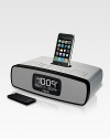 Charge, play and wake to your iPhone® or iPod® in a newly designed clock radio with a bigger display and bigger, Reson8 stereo sound.Wake or sleep to iPhone, iPod, AM/FM radio or buzzer Universal dock charges & plays iPhone and docking iPod models Weekday/weekend alarm settings Programmable snooze times Dual alarm with AM/FM presets Bass, treble, 3D and balance controls Extra-large, backlit custom LCD display with dimmerCompatible with iPod Mini, Nano