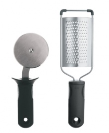 To pie for! A durable easy-to-handle wheel with sharp, stainless steel blade and built-in thumb guard partners beautifully with the precision grater that sprinkles the perfect amount of finely-grated cheese onto your pizza. Lifetime warranty.