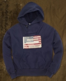 A comfy shawl-collar hoodie gets roughed up with a rugged patriotic flag at the chest, signature patches and distressed details.