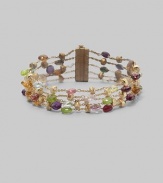 Five delicate chains, sprinkled with a colorful array of faceted semi-precious stones and textured gold rondelles, joined by a sleek bar clasp. May include tourmaline, quartz, peridot, rhodolite garnet, iolite, tanzanite, aquamarine and apatite 18k yellow gold Length, about 7½ Width, about 1 Bar clasp Made in Italy Please note: Stones may vary.