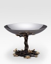 An artisan-crafted candy dish that captures the beauty of the mulberry tree, handmade with a fanciful brass-branch base, hand-antiqued and finished with goldplated leaves. From the Mullbrae CollectionStainless steel serverBrass-branch base with 24k goldplated leaves7H X 4 diam.Hand washImported