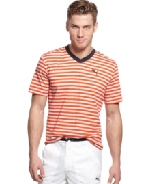 Sporty stripes are a cool, crisp way to update your casual look. This Puma T shirt will make your weekend.