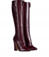 Sleek and sophisticated with their flawless bordeaux leather, Vionnets front zip boots count as a multi-season must - Almond toe, metal front zip, contoured blocky heel - Knee height - Wear with colorful knit dresses and richly tinted accessories