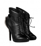 These super-luxurious black leather boots have an edge - Features a studded heel, long lace-up front, cut out at ankle and thin stiletto heel - Style to turn heads with tube skirts, leather pants or skinny jeans