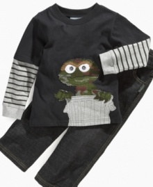 This Oscar the Grouch layered slider tee and jeans set from Nannette will always bring a smile to his face.