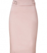 Stylish skirt in fine, light beige cotton stretch blend - Perennially chic, curve-hugging pencil cut - Flattering A-Line silhouette - High waist with decorative belt - Rear vent and back zip - A polished classic ideal for work and evenings out - Pair with a silk tank or button down blouse, cropped blazer and peep toe pumps