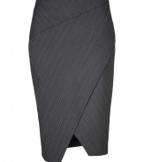 An exquisite choice for business to cocktails looks, Donna Karans stretch wool pencil skirt cuts a flattering feminine figure no matter how you wear it - Wrapped front with slit, elasticized waistline, contoured seaming, pulls on - Form-fitting - Team with feminine tops and standout statement accessories