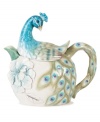 A symbol of eternal life and beauty, the peacock serves as the inspiration for this fanciful sculpted teapot. Richly detailed and hand painted with subdued watercolors, it's a stunning stand-alone piece and beautiful complement to Edie Rose by Rachel Bilson dinnerware and serveware.