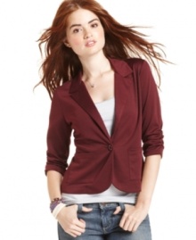 Add casual polish to your laid-back look with this shrunken, three-quarter sleeve blazer from American Rag!