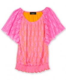 Give her style a flowy feel with this lace neon top from BCX.