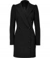 Make an exquisitely chic sartorial splash at your next cocktail party in Viktor & Rolfs immaculately tailored blazer-style dress - Peaked lapel, wrapped deep V-neckline, long sleeves, puffed shoulders buttoned front - Close, tailored fit - Wear with sparkly fine jewelry and bright white statement accessories