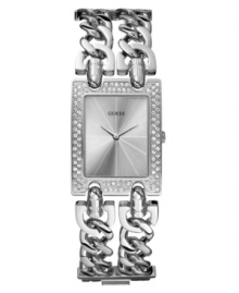 GUESS dresses up urban trend with elegant elements. This watch features a silvertone mixed metal self-adjusting bracelet and rectangular case. Crystal accents at bezel. Silver prism-style dial with logo. Quartz movement. Water resistant to 30 meters. Ten-year limited warranty.