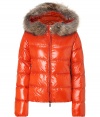 Stay warm while maintaining your impeccable style in this lightweight yet luxe down jacket from Duvetica - Fur-lined hood, front two-way zip closure, long sleeves, zip pockets, quilted - Wear with an elevated jeans-and-tee ensemble and shearling lined boots