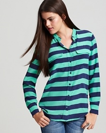 Green and navy stripes update this Equipment slim shirt with refreshing style for now and into spring. Partner the look with crisp white jeans and master getaway perfection.