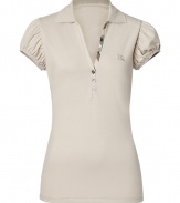 A feminine choice with its deep V-neckline and sweet puffed short sleeves, Burberry Brits polo shirt is a stylish way to dress up your basics - Spread collar, V-neckline, puffed short sleeves, partial button placket with characteristic check trim - Form-fitting - Channel preppy style and wear with jeans and bright loafers