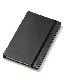 Black hardcover notebook with rounded corners, acid-free pages, multiple inner pockets and an elastic closure.