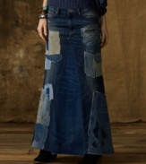 Drawing inspiration from vintage denim favorites, Denim & Supply Ralph Lauren's maxi skirt is patched, faded and frayed for a timeworn look that recaptures the bohemian spirit.