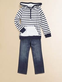 A cute and cozy hoodie in super soft fabric, handsomely adorned with eye-catching stripes and contrasting trim.Attached hoodZip frontLong sleevesRib-knit cuffs and bottom bandKangaroo pocket35% supima cotton/35% micro modal/30% polyesterHand washMade in USA