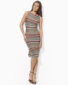 A lightweight knit linen dress is finished in a vibrant striped pattern for modern appeal.