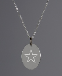 For the girl who loves stars or is bound to become one, this polished pendant makes the perfect gift. An oval-shaped design highlights a cut-out star engraving in sterling silver. Approximate length: 18 inches. Approximate drop: 3/4 inch.