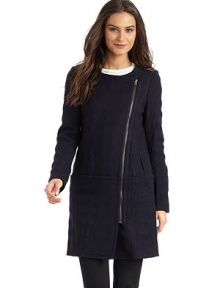 THE LOOKCollarlessAsymmetrical zip front closureLong sleevesDual slash front pocketsTHE FITAbout 36 from shoulder to hemTHE MATERIAL75% wool/25% polyesterPolyester liningCARE & ORIGINDry cleanImported