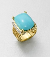 From the Wheaton Collection. A stunning turquoise cabochon is flanked by dazzling diamonds set in radiant 18k gold. TurquoiseDiamonds, .27 tcw18k goldWidth, about .78Imported