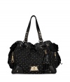 Inject edgy style into your statement handbag collection with Juicy Coutures iconic Daydreamer tote in studded black nylon, part of the Upscale Quilted collection - Metal shield logo plate, black leather trim, grosgrain bows, zippered side pockets, tassel key fob, inside zippered and slot pockets - Perfect for adding a kick of cool to your glamorous looks