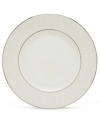 Pure opulence. Posh opalescence. This classically designed line of dinner plates from Lenox's dinnerware and dishes collection are accented by a platinum rim and a delicate flourish of vine-like, white-on-white imprints with raised, iridescent enamel dots. Great gift for housewarming, wedding or yourself. Dinner plate shown center. Qualifies for Rebate