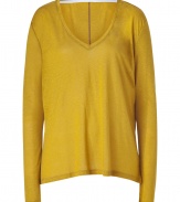 Elevate your wardrobe basics with this bright chartreuse tencel-linen tee from J Brand - V-neckline, long sleeves, back seam detail - Easy slim fit - Style with favorite skinnies, a boyfriend blazer, and platform wedges