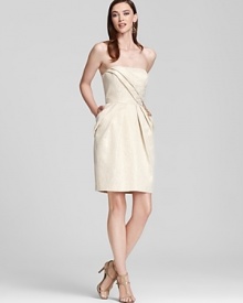 Diagonal pleats across the bodice add interest to this subtly shimmery Max & Cleo strapless dress.