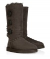 Logo-detailed buttons and an easy-to-style tall length makes these cozy-chic shearling boots from UGG Australia a cold weather must-have- Round toe, rugged rubber sole, cozy shearling lining, back logo detail, mid-shaft length, three-button side closure - Pair with skinny jeans, an oversized cashmere sweater, and a down jacket or wool cape