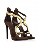 With a sweeping gold-toned metal detail and chic cacao-colored suede, Giuseppe Zanottis strappy sandals are as modern as they are unique - Open toe, back zip - Stiletto heel - Wear with everything from cigarette pants and blazers to stunning cocktail sheath dresses