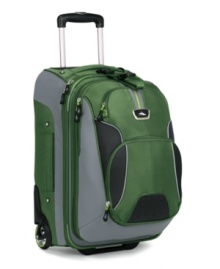 Whatever travel throws your way, always carry on with the 3-in-1 convenience of this rolling backpack with removable daypack. A spacious main compartment with book-style opening reveals clothing hold-down straps and other organizational features. A removable front day pack with zippered accessory pocket, MP3 player headphone port and back strap increases your mobility when you're on the go. Lifetime limited warranty.