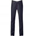 Stylish dark blue slim raw denim pants - These flattering jeans are a necessary addition to any wardrobe - Classic five-pocket cut, on-trend raw denim, slim and straight fit - Style with a rock t-shirt, V-neck cardigan, and motorcycle boots - Dress up with a button down, blazer, and oxfords