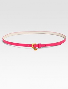 How charming, this skinny belt offers a pop of on-trend, neon color and a unique, charmed buckle closure.About .5 widePVCCharm on buckle closureImported