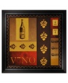 Salute! An homage to wine in rich shades of chestnut, burgundy and gold, this handsome print feels right at home in the kitchen or dining room. Framed in dark wood with a scroll motif echoing the design.