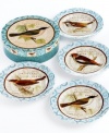 Naturalist prints tell the story of four feathered friends on British Birds dessert plates. Vintage styling and watercolor trim add to the porcelain's antique sensibility. With a coordinating box to treat outdoorsy entertainers.