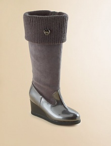 Tall boots artfully combine velvety faux suede, gleaming patent and a sweater-soft foldover knit cuff.Faux leather and faux patent upperRibbed knit cuff with heart charmInside zipperMicrosuede liningPadded insoleRubber composite soleImported