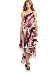 THE LOOKAbstract watercolor print, alloverOne-shoulder silhouetteDraping throughoutHi-lo hemSide snap closureTHE FITAbout 54 from shoulder to hemTHE MATERIALSilkSilk liningCARE & ORIGINDry cleanImportedModel shown is 5'10 (177cm) wearing US size Small. 