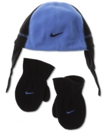 Keep his hands and head warm with this sporty Nike hat and mitten set.