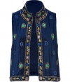 Take a worldly stance on sophistication with Anna Suis rich navy embellished velvet vest - Stand-up collar, open front with throat latch - Loosely fitted - A chic layering piece perfect for adding impact to your outfit